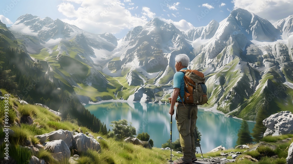 A man is walking in the mountains with a backpack on his back A man is walking in the mountains with a backpack on his back