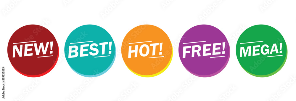 New, Best, Hot, Free, Mega Marketing text message tag set. Rounded Red, blue, yellow, purple, green speech bubble sale label badge with special offer. Vector illustration.
New, Best, Hot, Free, Mega Marketing text message tag set. Rounded Red, blue, yellow, purple, green speech bubble sale label badge with special offer. Vector illustration.
