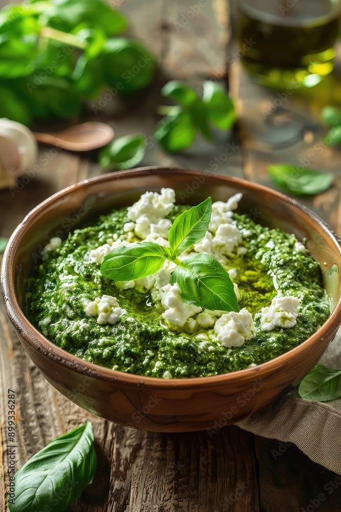 Pesto with basil in a bowl. Selective focus. Pesto with basil in a bowl. Selective focus.