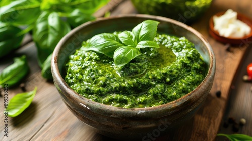 Pesto with basil in a bowl. Selective focus.