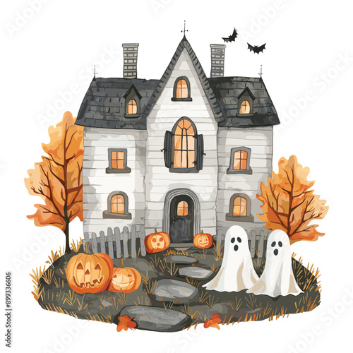 Cute haunted house with pumpkins and ghosts for Halloween. 