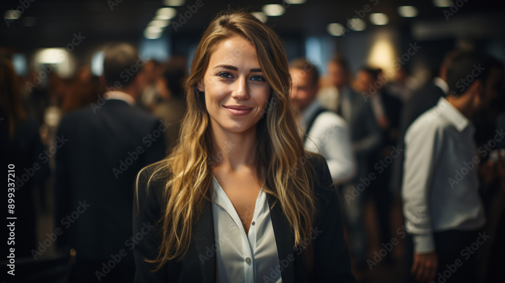 Confident businesswoman at an office event networking with fellow professionals Confident businesswoman at an office event networking with fellow professionals