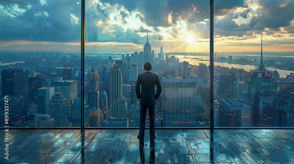 Man in Suit Overlooking City Skyline at Sunrise.. Man in Suit Overlooking City Skyline at Sunrise..