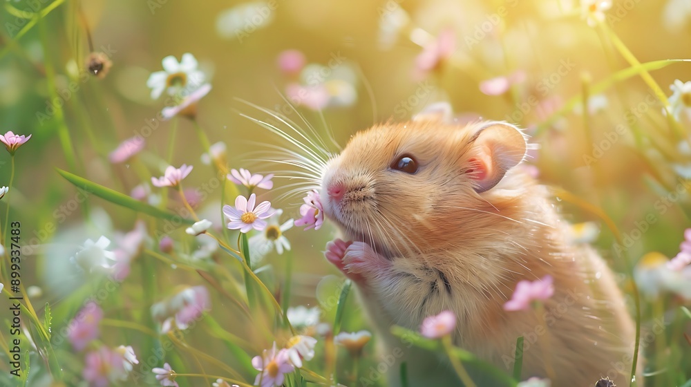 Curious Hamster Exploring Wildflowers in Lush Meadow Under Sunlight Curious Hamster Exploring Wildflowers in Lush Meadow Under Sunlight