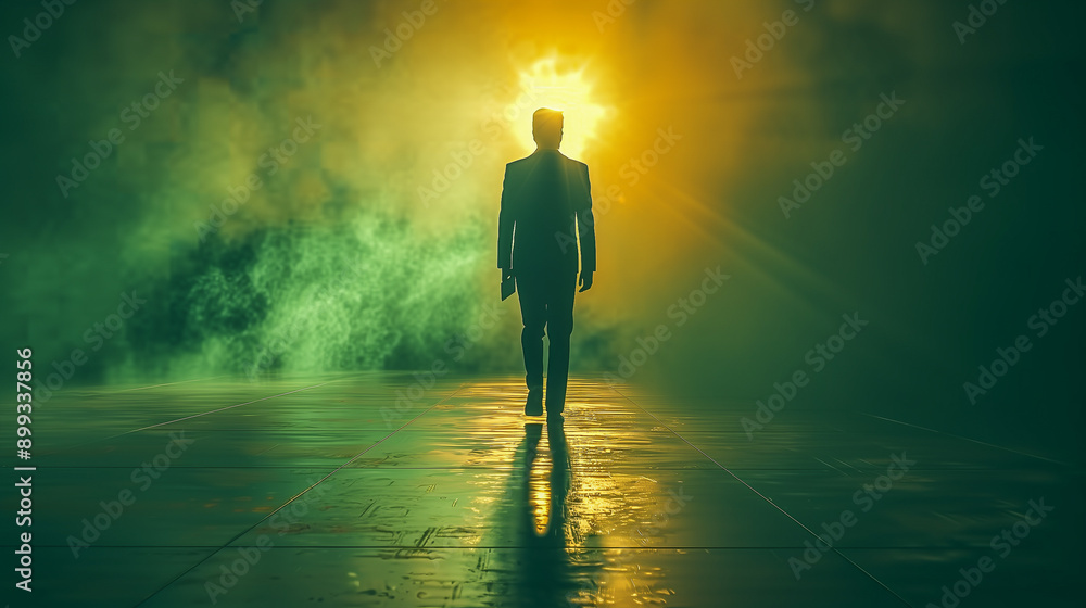 Silhouette of Man Walking Towards Bright Light.. Silhouette of Man Walking Towards Bright Light..