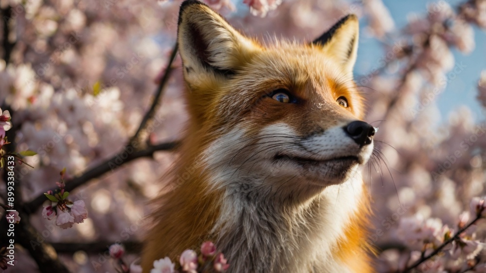 Close-up photo of serious red fox with a cherry blossom flower in the background Close-up photo of serious red fox with a cherry blossom flower in the background
