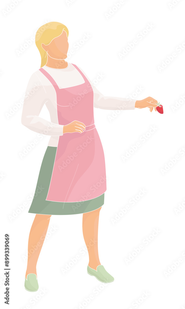 standing woman in an apron with strawberries in hand standing woman in an apron with strawberries in hand