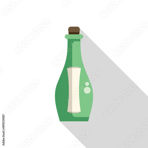 Green bottle containing message with cork floating on water with long shadow, ideal for adventure and travel concepts