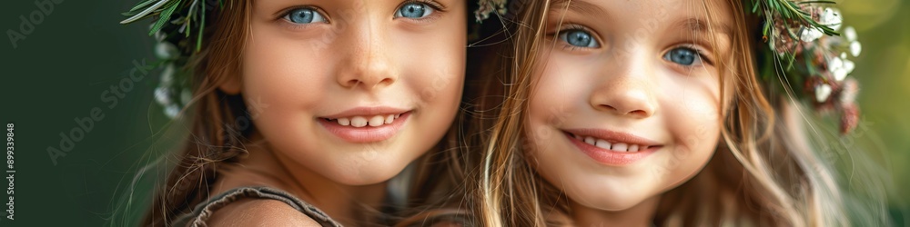 Two Young Girls Smiling Together in Nature on a Sunny Day Two Young Girls Smiling Together in Nature on a Sunny Day