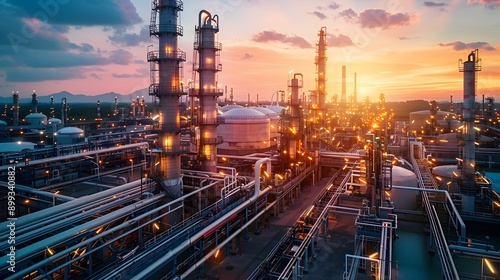 Modern Oil Refinery with Advanced Safety Protocols Clean and Organized Industrial Complex at Sunset
