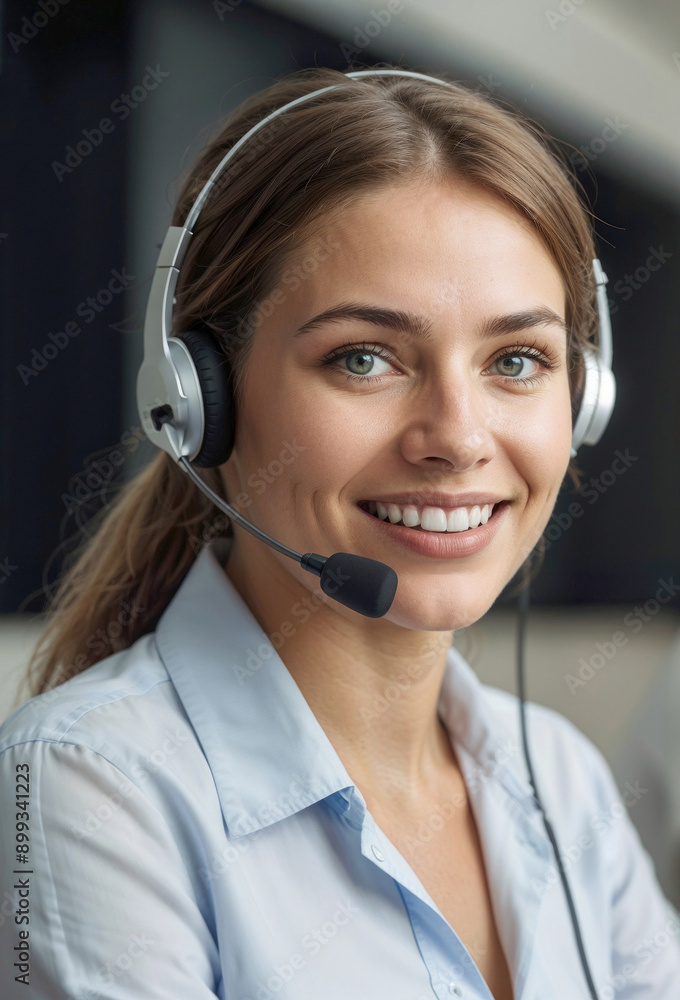 Happy woman wearing a headset and smiling. She is a customer service representative Happy woman wearing a headset and smiling. She is a customer service representative