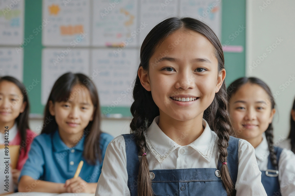 Happy Asian girl in exercise notebook, smiles. Junior classroom with diverse group of children learning Happy Asian girl in exercise notebook, smiles. Junior classroom with diverse group of children learning