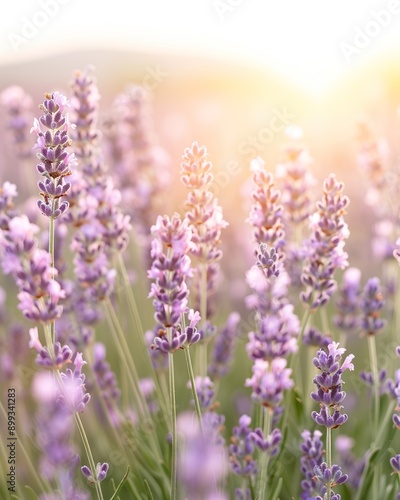 A vast lavender field at sunset, with mountains in the background