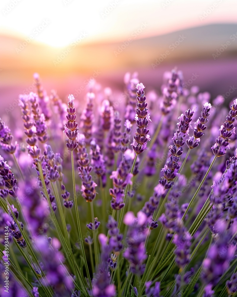 A vast lavender field at sunset, with mountains in the background A vast lavender field at sunset, with mountains in the background