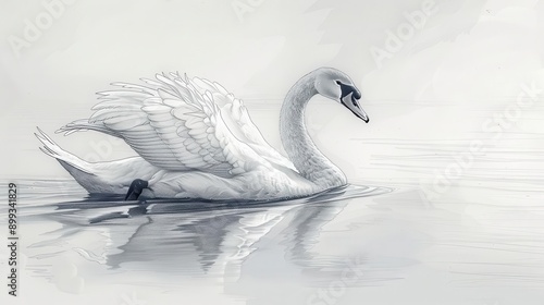 Fototapeta Naklejka Na Ścianę i Meble -  Graceful Swan A swan gliding across a serene lake, with delicate linework capturing its elegant form and feathers