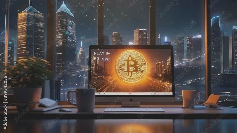 laptop on a work desk with a screen displaying bitcoin coins in a glass room with a view of modern urban buildings