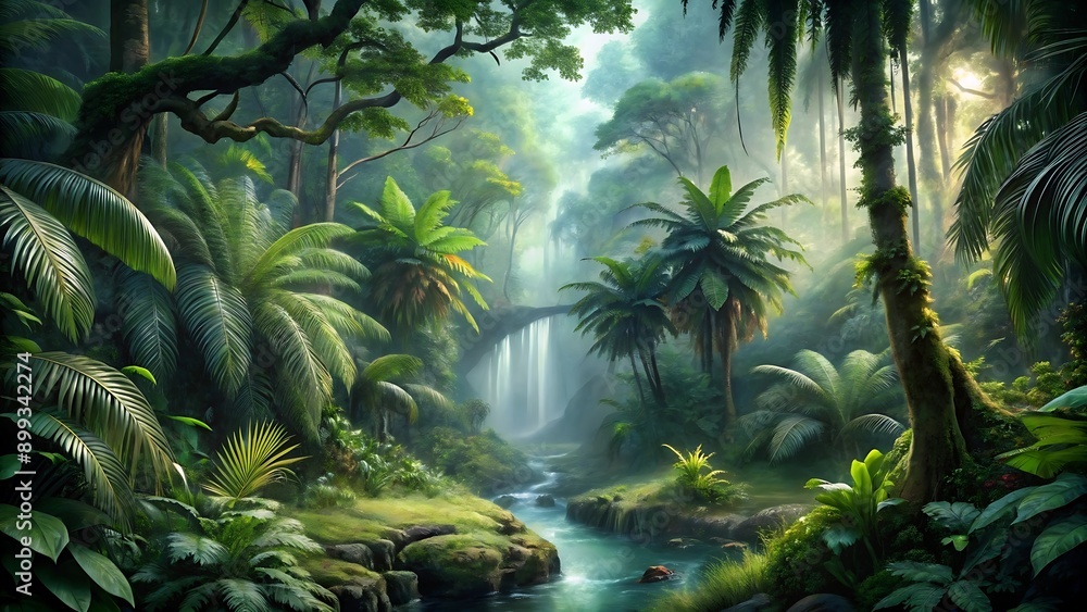 Lush Tropical Rainforest with Waterfall and Stream. Lush Tropical Rainforest with Waterfall and Stream.
