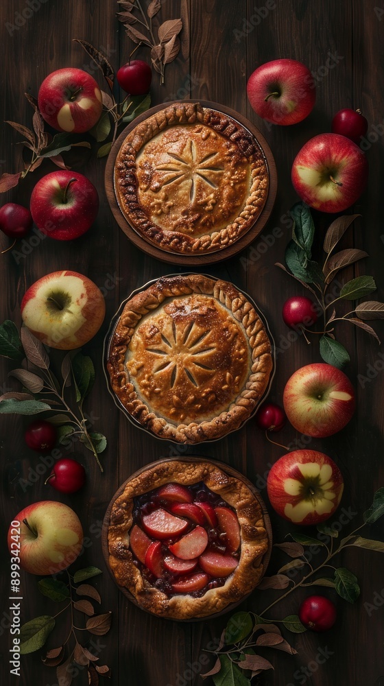 Three pies with apples on a table Three pies with apples on a table