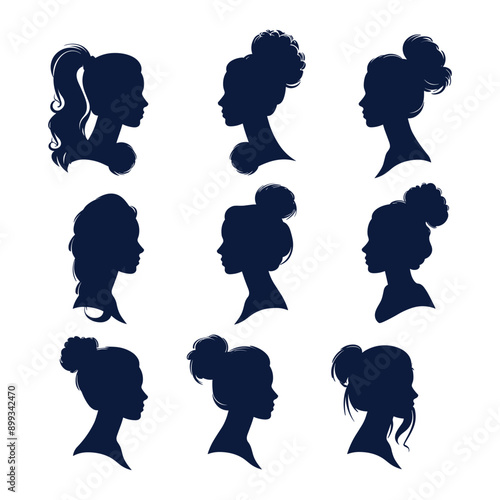 Set of 9 female silhouettes with different hairstyles in profile view.