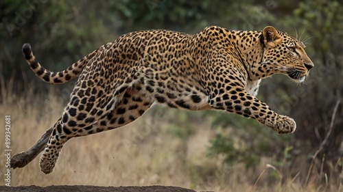 Fears, delicate leopard long jump, hunting, running to catch its prey in a snip of an eye