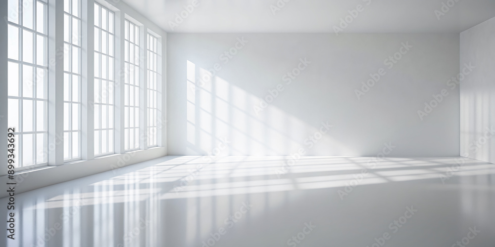 Fototapeta premium Abstract white studio background for product presentation. Empty room with shadows of window. Display product with blurred backdrop. Soft focus, Generative AI