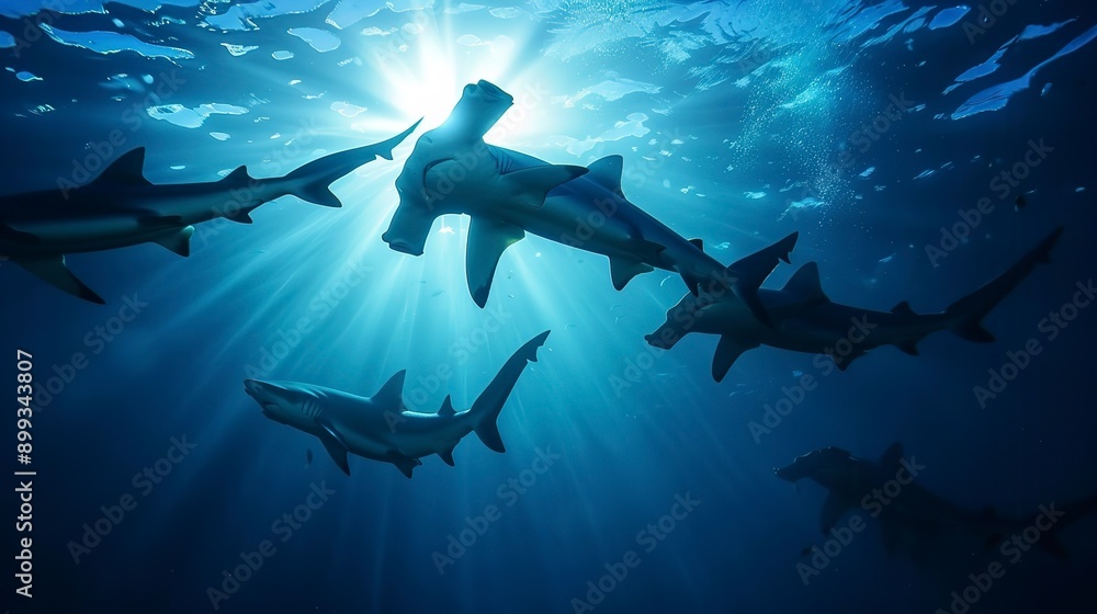Obraz premium hammerhead sharks silhouette with rays of light underwater