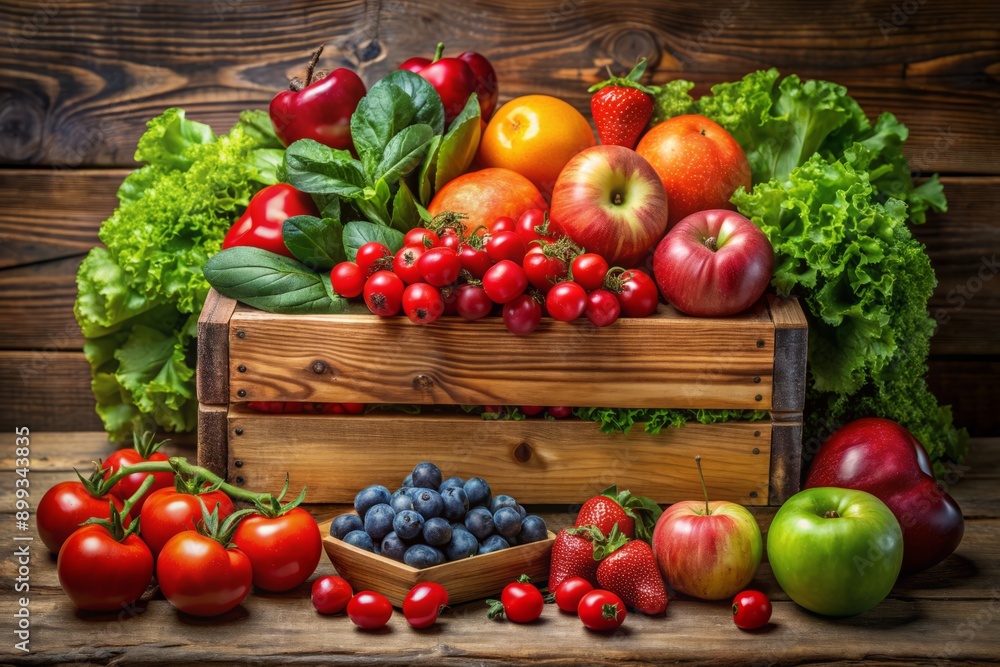 Vibrant colorful array of fresh fruits and vegetables, including juicy apples, plump berries, crisp lettuce, and ripe tomatoes, overflow from a rustic wooden crate. Vibrant colorful array of fresh fruits and vegetables, including juicy apples, plump berries, crisp lettuce, and ripe tomatoes, overflow from a rustic wooden crate.