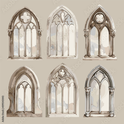 Set of six watercolor illustrations of gothic arch windows.