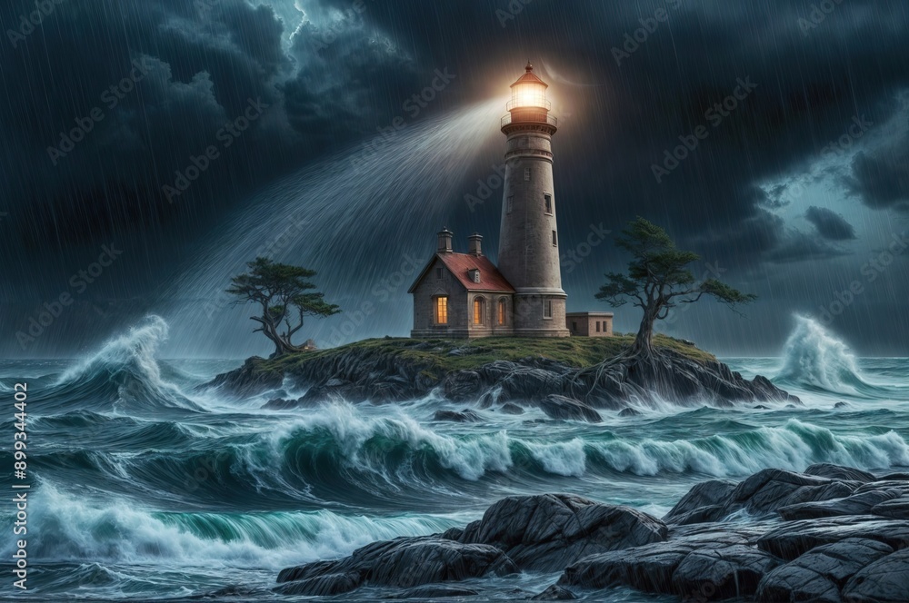 a lighthouse standing tall amidst a raging storm, on a small island. The lighthouse's strong bright, warm light cuts through the dark, foreboding atmosphere, its beam piercing the veil of mist. a lighthouse standing tall amidst a raging storm, on a small island. The lighthouse's strong bright, warm light cuts through the dark, foreboding atmosphere, its beam piercing the veil of mist.