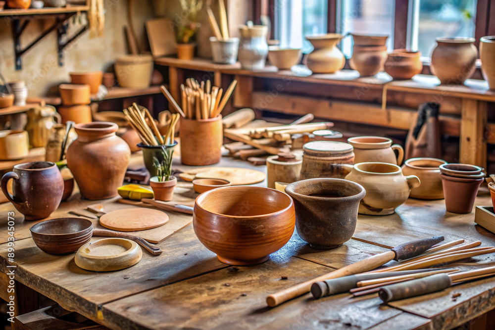Assorted clay pottery making tools scattered on a cluttered home workshop table, surrounded by unfinished ceramic pieces, embodying small business and leisure creativity. Assorted clay pottery making tools scattered on a cluttered home workshop table, surrounded by unfinished ceramic pieces, embodying small business and leisure creativity.