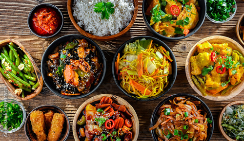 Composition with variety of east asian dishes photo