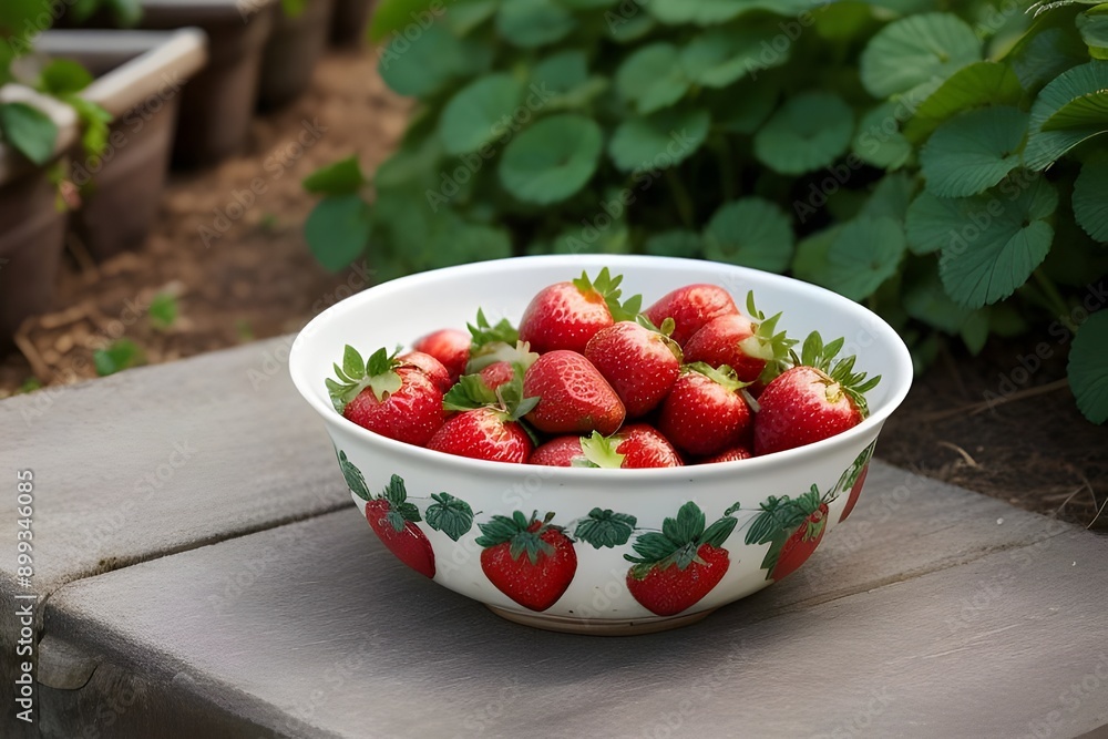A handmade ceramic bowl of ripe strawberries and a patch of strawberry plants, harvest, fruit picking, green leaves, garden, summer, red, organic, natural, fresh, juicy, sweet, clay, artisan, farm A handmade ceramic bowl of ripe strawberries and a patch of strawberry plants, harvest, fruit picking, green leaves, garden, summer, red, organic, natural, fresh, juicy, sweet, clay, artisan, farm