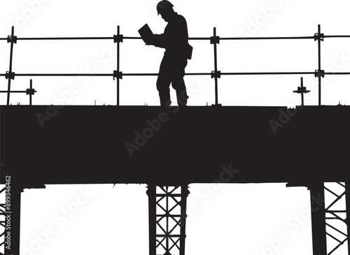 Engineer in silhouette, holding a tablet and inspecting a bridge under construction