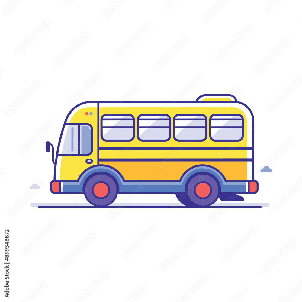 Yellow school bus illustration with blue accents, cartoon style.