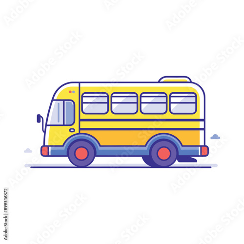 Yellow school bus illustration with blue accents, cartoon style.