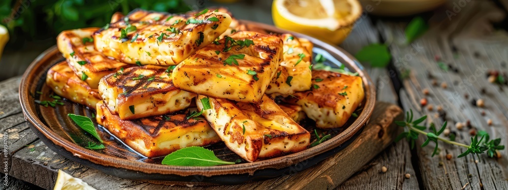 halloumi cheese fried on a plate. Selective focus. halloumi cheese fried on a plate. Selective focus.