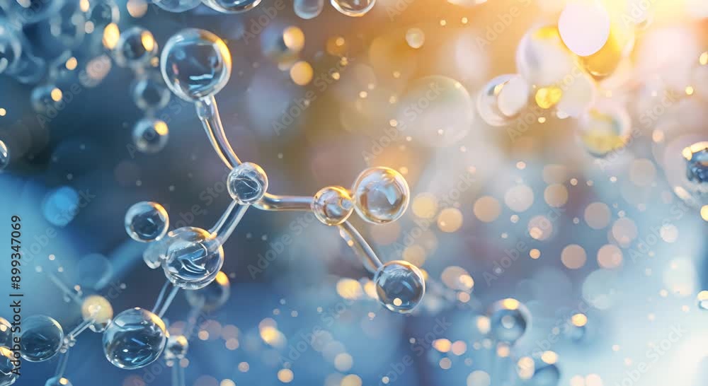 A close up of a molecule with a blue background. The molecule is surrounded by many small bubbles, giving the impression of a complex and intricate structure A close up of a molecule with a blue background. The molecule is surrounded by many small bubbles, giving the impression of a complex and intricate structure