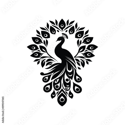 minimal peacock bird vector silhouette, black color silhouette, white background