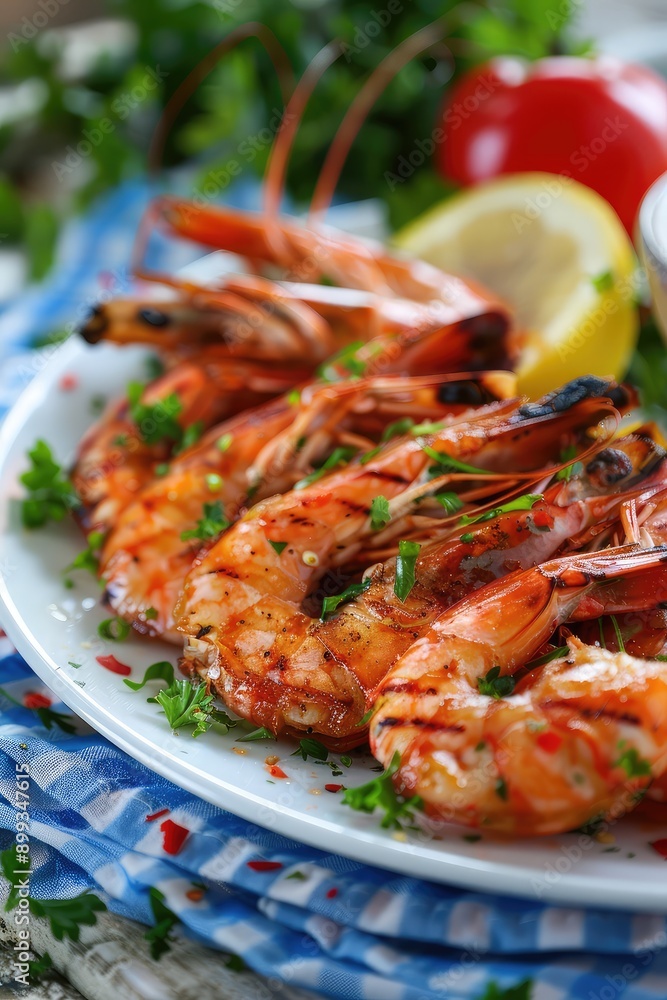grilled shrimp fried on a plate. Selective focus. grilled shrimp fried on a plate. Selective focus.