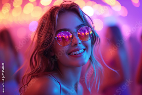 Happy young woman dancing at a nightclub party, disco girl having fun at a music festival © staras