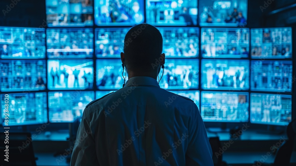 A focused security analyst stands before a wall of surveillance screens, monitoring live feeds in a high-tech control room, showcasing modern security operations. A focused security analyst stands before a wall of surveillance screens, monitoring live feeds in a high-tech control room, showcasing modern security operations.