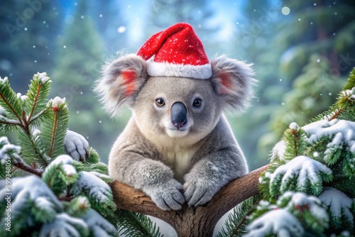 Adorable koala dons festive red hat with white fur trim, sitting on snowy branch, surrounded by evergreen trees, in a serene winter wonderland scene. photo