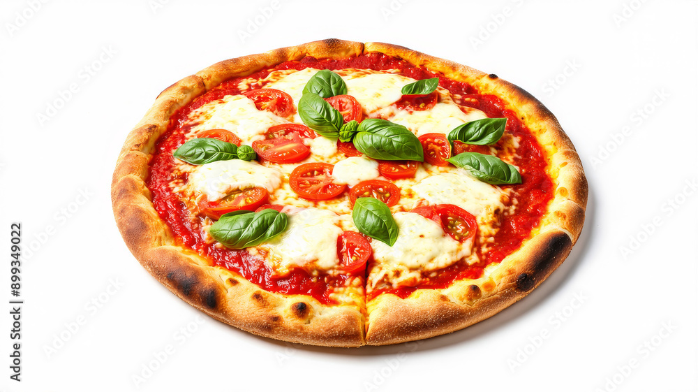 Classic Margherita Pizza with Fresh Basil Leaves and Mozzarella Cheese on a White Background. Perfect for Italian Cuisine Recipes, Restaurant Menus, and Food Blogs. Classic Margherita Pizza with Fresh Basil Leaves and Mozzarella Cheese on a White Background. Perfect for Italian Cuisine Recipes, Restaurant Menus, and Food Blogs.