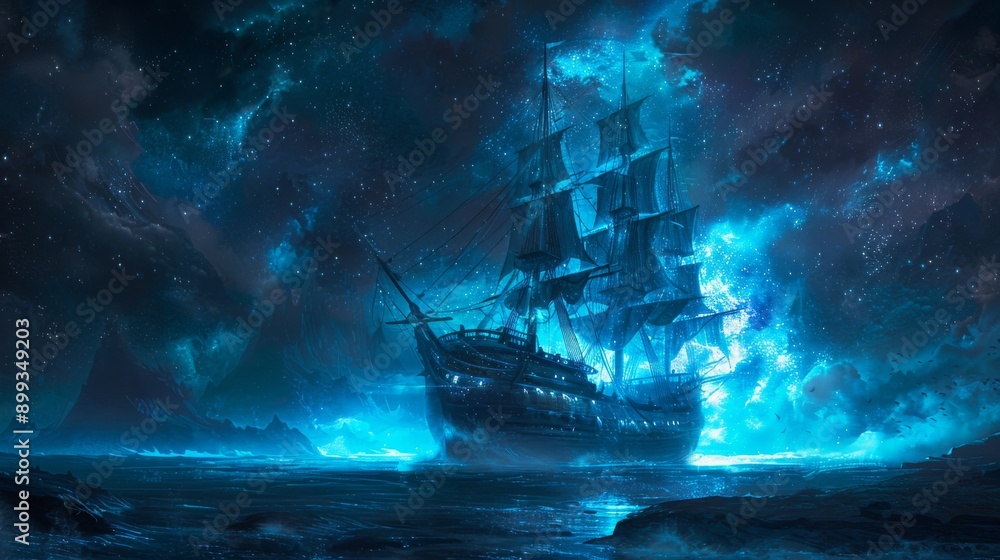 Fototapeta premium A sailboat in the beauty of the night. A magical evening by the ocean and under the moon. Design for paintings
