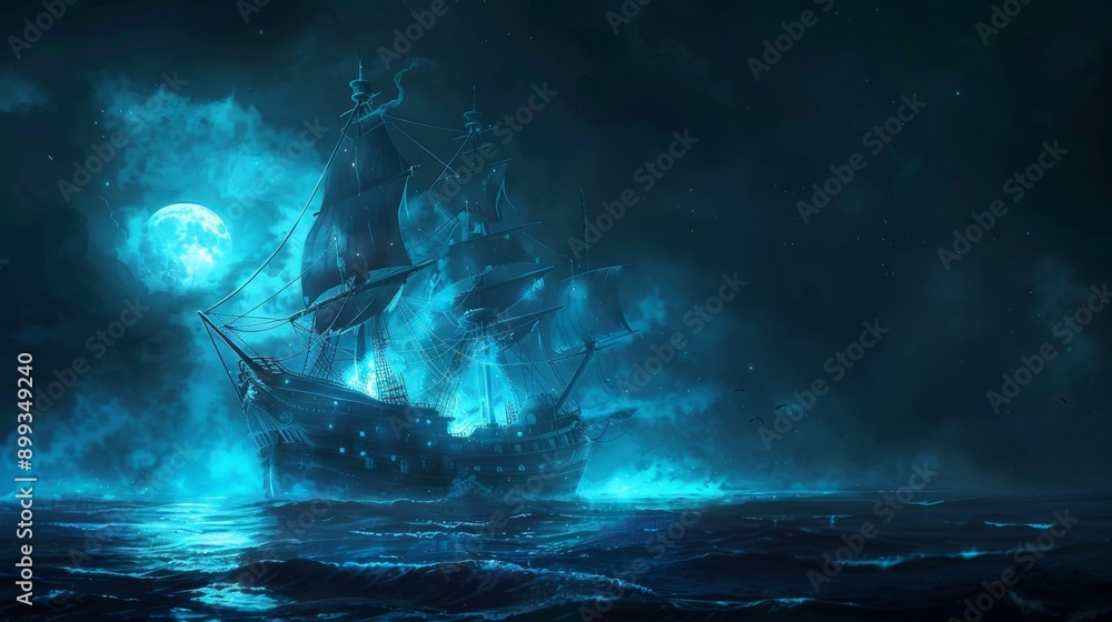 A sailboat in the beauty of the night. A magical evening by the ocean and under the moon. Design for paintings A sailboat in the beauty of the night. A magical evening by the ocean and under the moon. Design for paintings