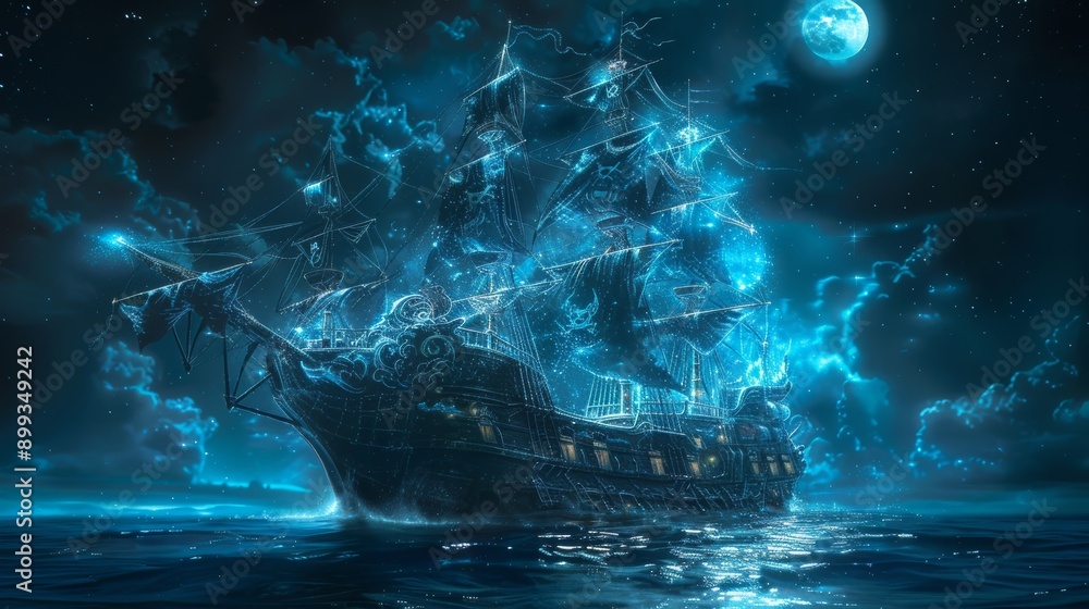 Naklejka premium A sailboat in the beauty of the night. A magical evening by the ocean and under the moon. Design for paintings