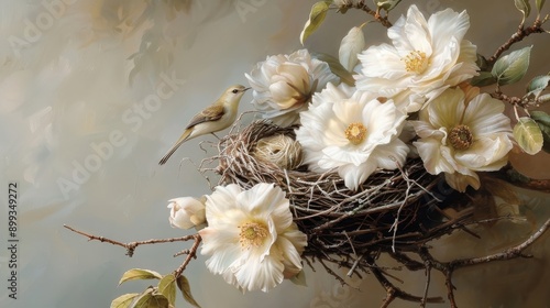 A nest of sunbirds nestled in the branches of a flowering tree.