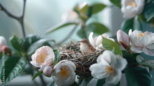 A nest of sunbirds nestled in the branches of a flowering tree.