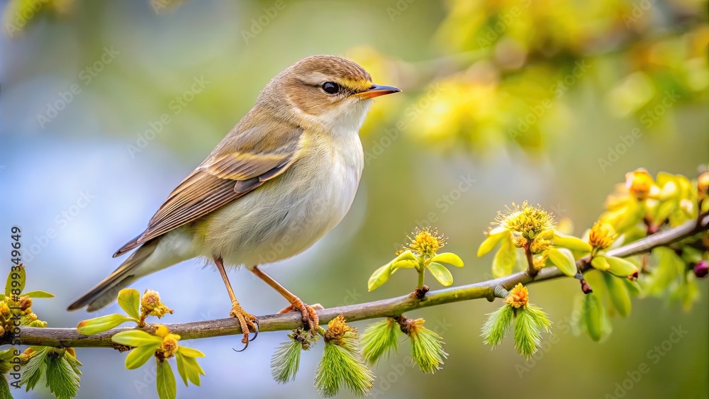 Small bird Willow warbler Phylloscopus trochilus perched on tree in springtime , nature, wildlife, birdwatching Small bird Willow warbler Phylloscopus trochilus perched on tree in springtime , nature, wildlife, birdwatching