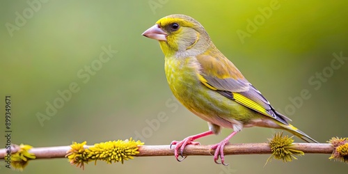 European greenfinch perched on a branch with a blurry background, songbird, greenfinch, Chloris chloris, common, small bird